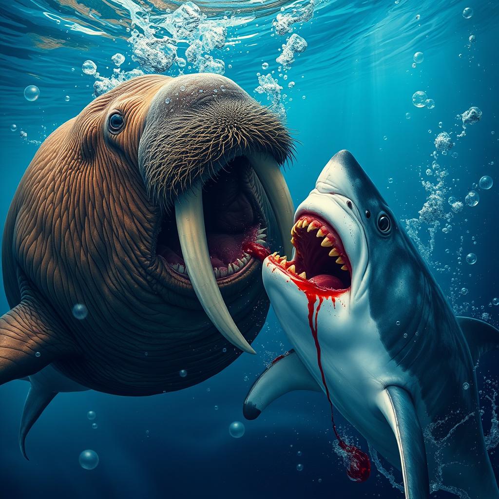 A giant, dangerous walrus aggressively attacking and biting a shark under the ocean