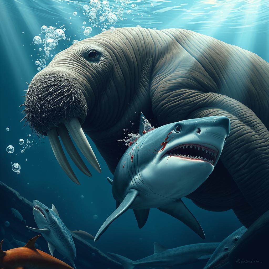 A giant, dangerous walrus fiercely attacking and biting a shark under the ocean
