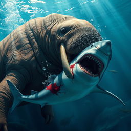 A giant, dangerous walrus fiercely attacking and biting a shark under the ocean