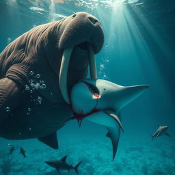 A giant, dangerous walrus fiercely attacking and biting a shark under the ocean