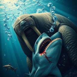A giant, dangerous walrus fiercely attacking and biting a shark under the ocean