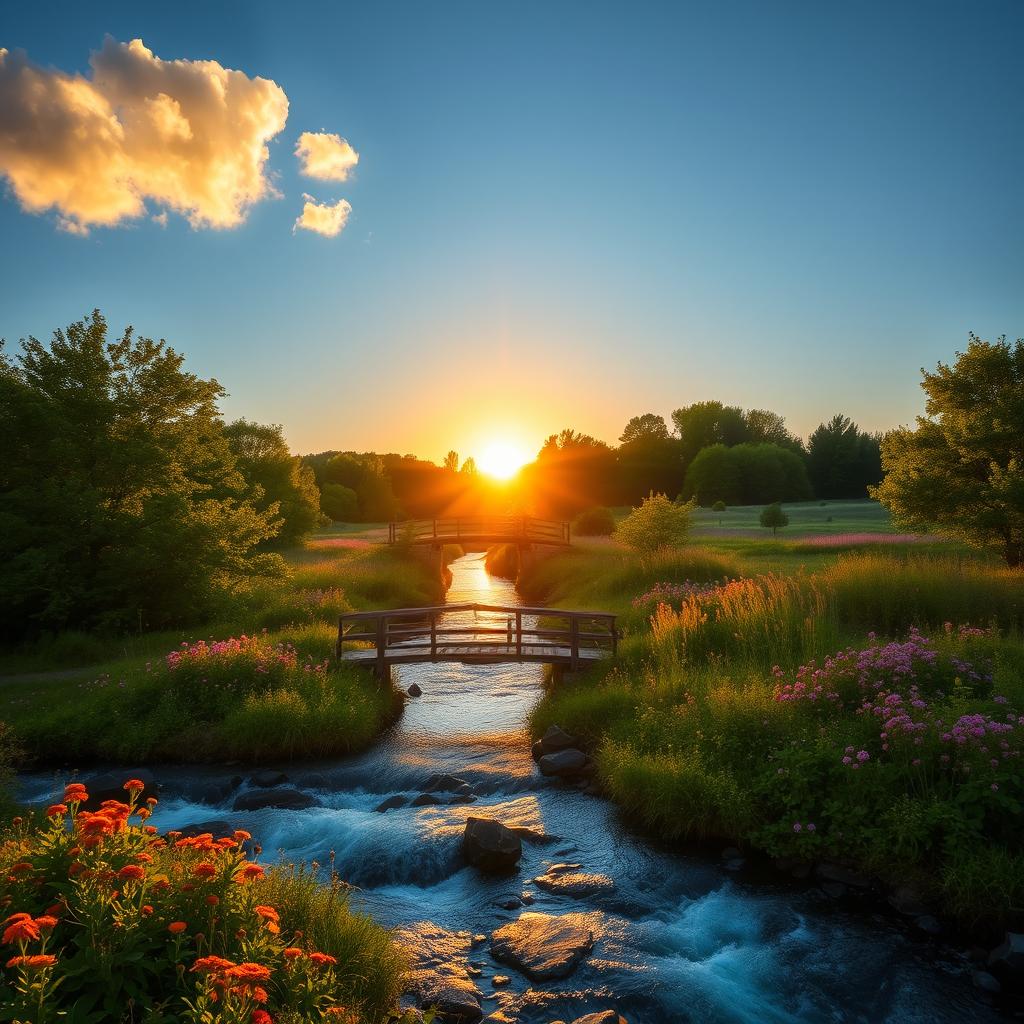 A serene landscape featuring a gentle flowing river surrounded by lush trees and vibrant wildflowers under a clear blue sky