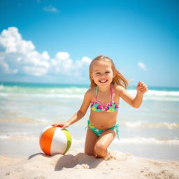 A cheerful beach scene featuring a young girl enjoying a sunny day at the beach