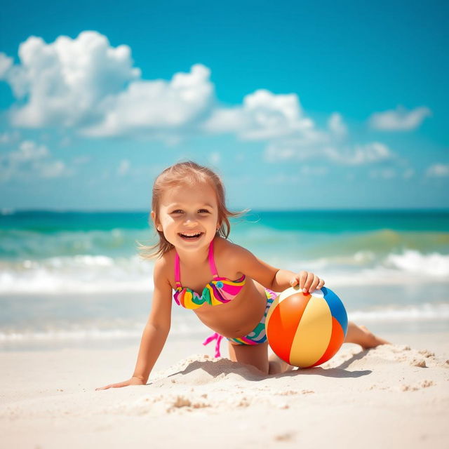 A cheerful beach scene featuring a young girl enjoying a sunny day at the beach