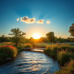 A serene landscape featuring a gentle flowing river surrounded by lush trees and vibrant wildflowers under a clear blue sky