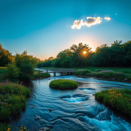 A serene landscape featuring a gentle flowing river surrounded by lush trees and vibrant wildflowers under a clear blue sky