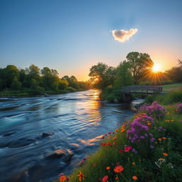A serene landscape featuring a gentle flowing river surrounded by lush trees and vibrant wildflowers under a clear blue sky