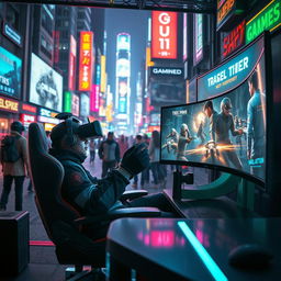 An immersive gaming scene set in a futuristic cyberpunk city at night