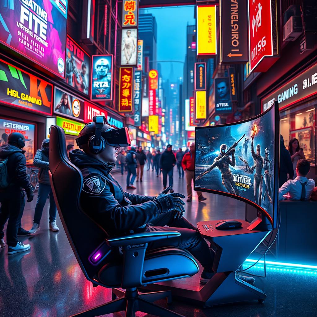 An immersive gaming scene set in a futuristic cyberpunk city at night