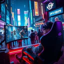 An immersive gaming scene set in a futuristic cyberpunk city at night