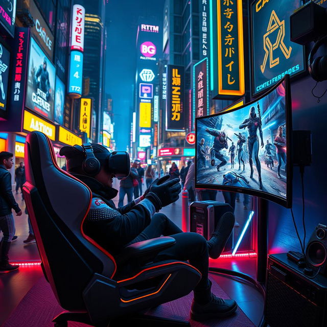 An immersive gaming scene set in a futuristic cyberpunk city at night