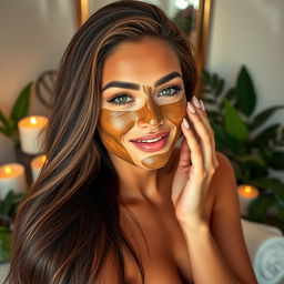 A stunning adult model with long flowing hair, posing in a luxurious spa setting while applying a rich and vibrant face mask