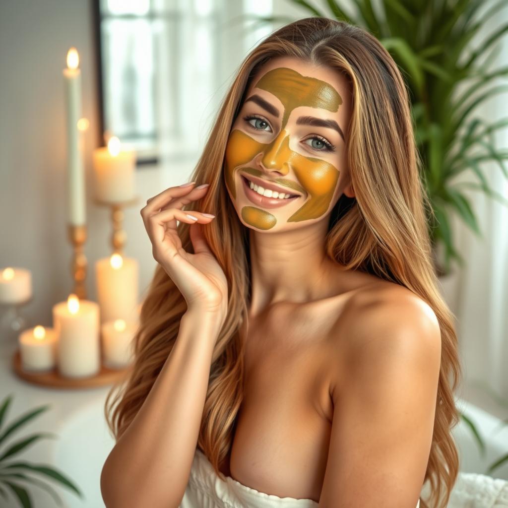 A stunning adult model with long flowing hair, posing in a luxurious spa setting while applying a rich and vibrant face mask