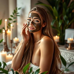 A stunning adult model with long flowing hair, posing in a luxurious spa setting while applying a rich and vibrant face mask
