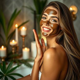 A stunning adult model with long flowing hair, posing in a luxurious spa setting while applying a rich and vibrant face mask