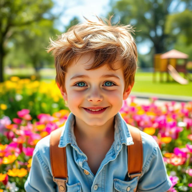 A beautiful boy with expressive, captivating blue eyes and a bright smile, standing in a sunlit park filled with colorful flowers