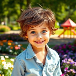 A beautiful boy with expressive, captivating blue eyes and a bright smile, standing in a sunlit park filled with colorful flowers