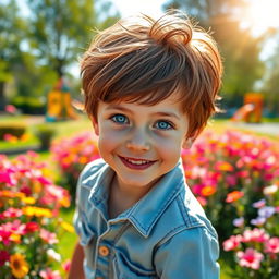 A beautiful boy with expressive, captivating blue eyes and a bright smile, standing in a sunlit park filled with colorful flowers