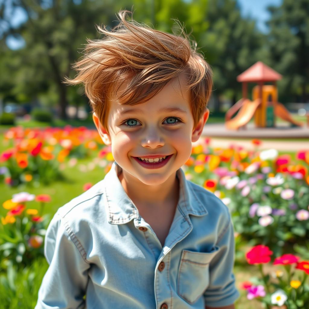 A beautiful boy with expressive, captivating blue eyes and a bright smile, standing in a sunlit park filled with colorful flowers