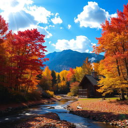 A serene landscape featuring a vibrant autumn forest with trees ablaze in shades of red, orange, and yellow
