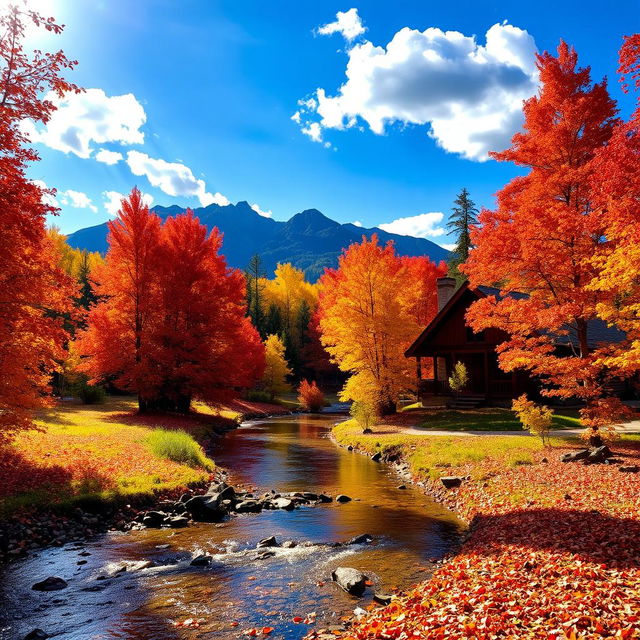 A serene landscape featuring a vibrant autumn forest with trees ablaze in shades of red, orange, and yellow