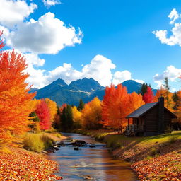 A serene landscape featuring a vibrant autumn forest with trees ablaze in shades of red, orange, and yellow