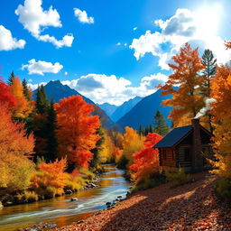A serene landscape featuring a vibrant autumn forest with trees ablaze in shades of red, orange, and yellow