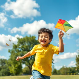 A joyful young boy playing in a sunny park, wearing a bright yellow t-shirt and denim shorts, with a big smile on his face, running with a colorful kite flying high in the blue sky filled with soft white clouds