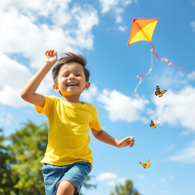 A joyful young boy playing in a sunny park, wearing a bright yellow t-shirt and denim shorts, with a big smile on his face, running with a colorful kite flying high in the blue sky filled with soft white clouds