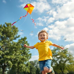 A joyful young boy playing in a sunny park, wearing a bright yellow t-shirt and denim shorts, with a big smile on his face, running with a colorful kite flying high in the blue sky filled with soft white clouds