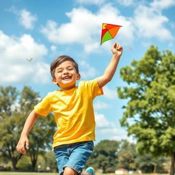 A joyful young boy playing in a sunny park, wearing a bright yellow t-shirt and denim shorts, with a big smile on his face, running with a colorful kite flying high in the blue sky filled with soft white clouds