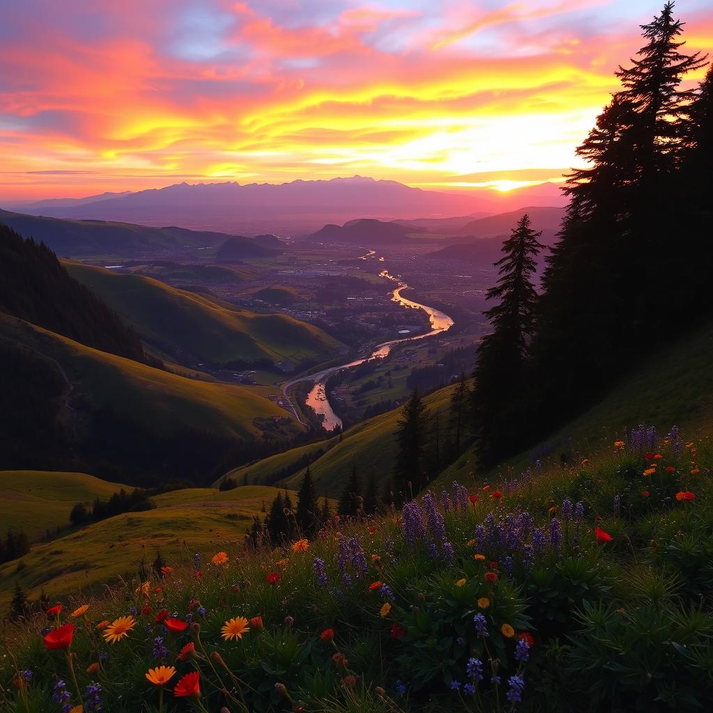 A breathtaking view of a lush landscape during the golden hour, featuring rolling green hills, a sparkling river flowing through the valley, and a vibrant sky painted with hues of orange, pink, and purple as the sun sets