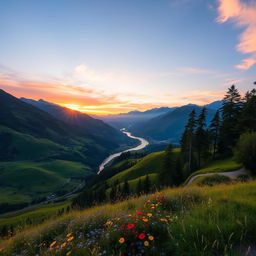 A breathtaking view of a lush landscape during the golden hour, featuring rolling green hills, a sparkling river flowing through the valley, and a vibrant sky painted with hues of orange, pink, and purple as the sun sets