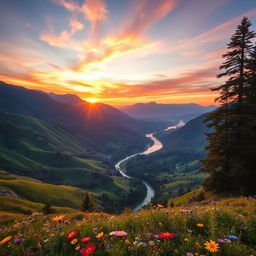 A breathtaking view of a lush landscape during the golden hour, featuring rolling green hills, a sparkling river flowing through the valley, and a vibrant sky painted with hues of orange, pink, and purple as the sun sets