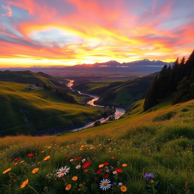 A breathtaking view of a lush landscape during the golden hour, featuring rolling green hills, a sparkling river flowing through the valley, and a vibrant sky painted with hues of orange, pink, and purple as the sun sets