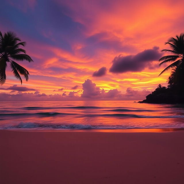 A vibrant sunset over a serene beach with gentle waves lapping against the shore