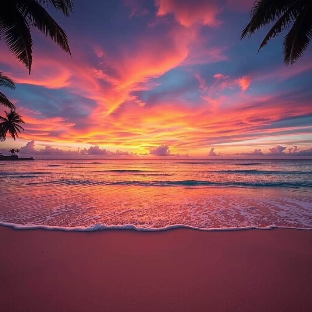 A vibrant sunset over a serene beach with gentle waves lapping against the shore