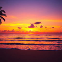 A vibrant sunset over a serene beach with gentle waves lapping against the shore