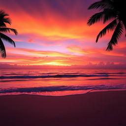A vibrant sunset over a serene beach with gentle waves lapping against the shore