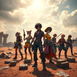 A dramatic, high-octane scene from an old multiplayer battle royale video game, showcasing a diverse group of unique characters in vibrant outfits, preparing for a showdown on a barren battlefield