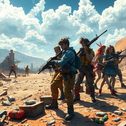 A dramatic, high-octane scene from an old multiplayer battle royale video game, showcasing a diverse group of unique characters in vibrant outfits, preparing for a showdown on a barren battlefield