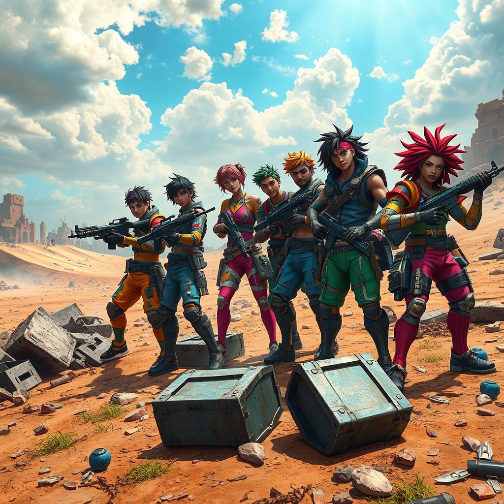 A dramatic, high-octane scene from an old multiplayer battle royale video game, showcasing a diverse group of unique characters in vibrant outfits, preparing for a showdown on a barren battlefield