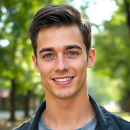 A smooth-faced, attractive young adult male with short dark hair, confidently posing for the camera
