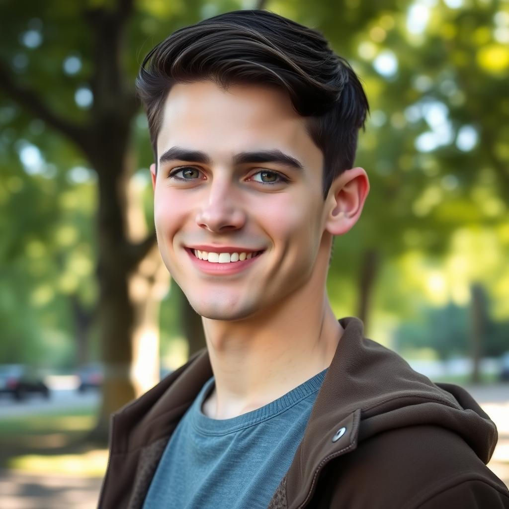 A smooth-faced, attractive young adult male with short dark hair, confidently posing for the camera