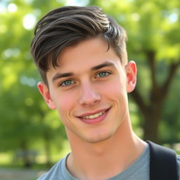 A smooth-faced, attractive young adult male with short dark hair, confidently posing for the camera