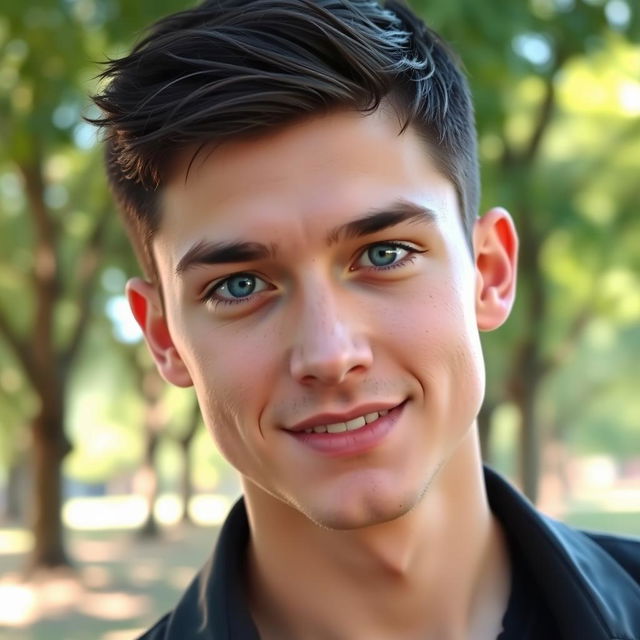 A smooth-faced, attractive young adult male with short dark hair, confidently posing for the camera