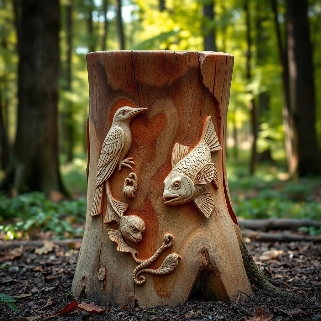 A beautifully carved wooden stump, 1