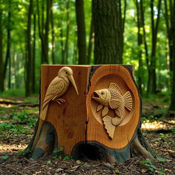 A beautifully carved wooden stump, 1