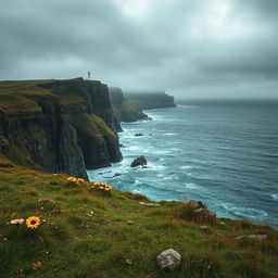 A dramatic, moody landscape depicting a rugged Shetland island coastline, with steep cliffs gently rolling into a stormy sea, under a cloudy, overcast sky