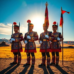 A majestic scene featuring a traditional Mongolian honor guard, showcasing soldiers dressed in vibrant, ornate traditional uniforms with intricate patterns and embellishments